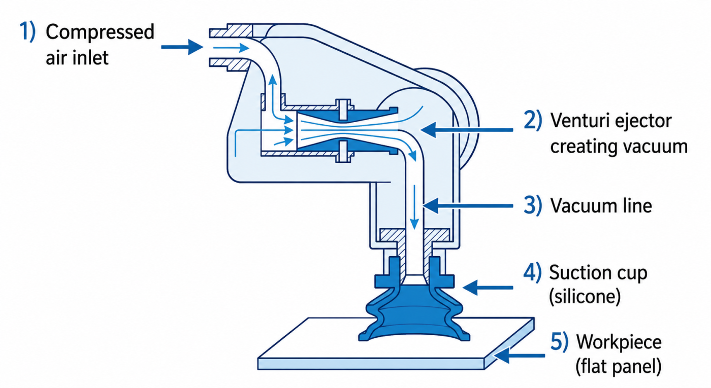 Diagram cara kerja vacuum gripper: ejector, suction cup, dan pressure sensor