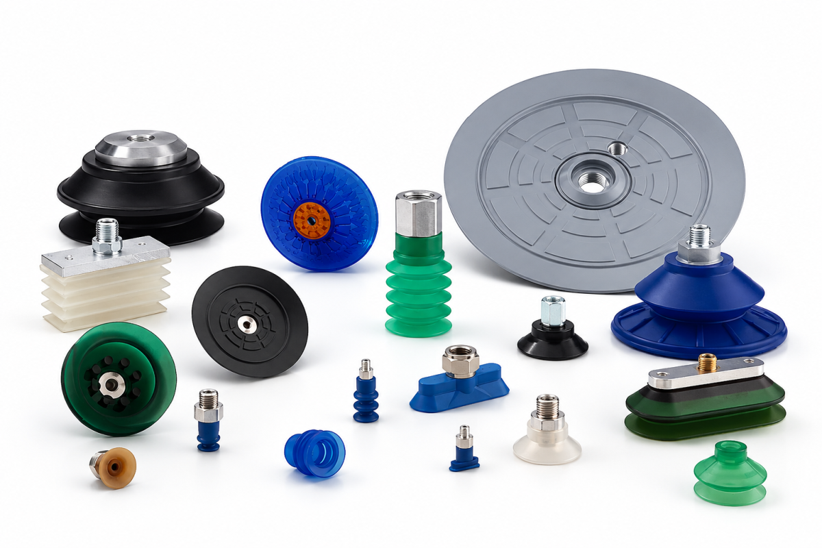 Berbagai jenis suction cup vakum: flat, bellows, oval, dan foam untuk benda kerja berbeda