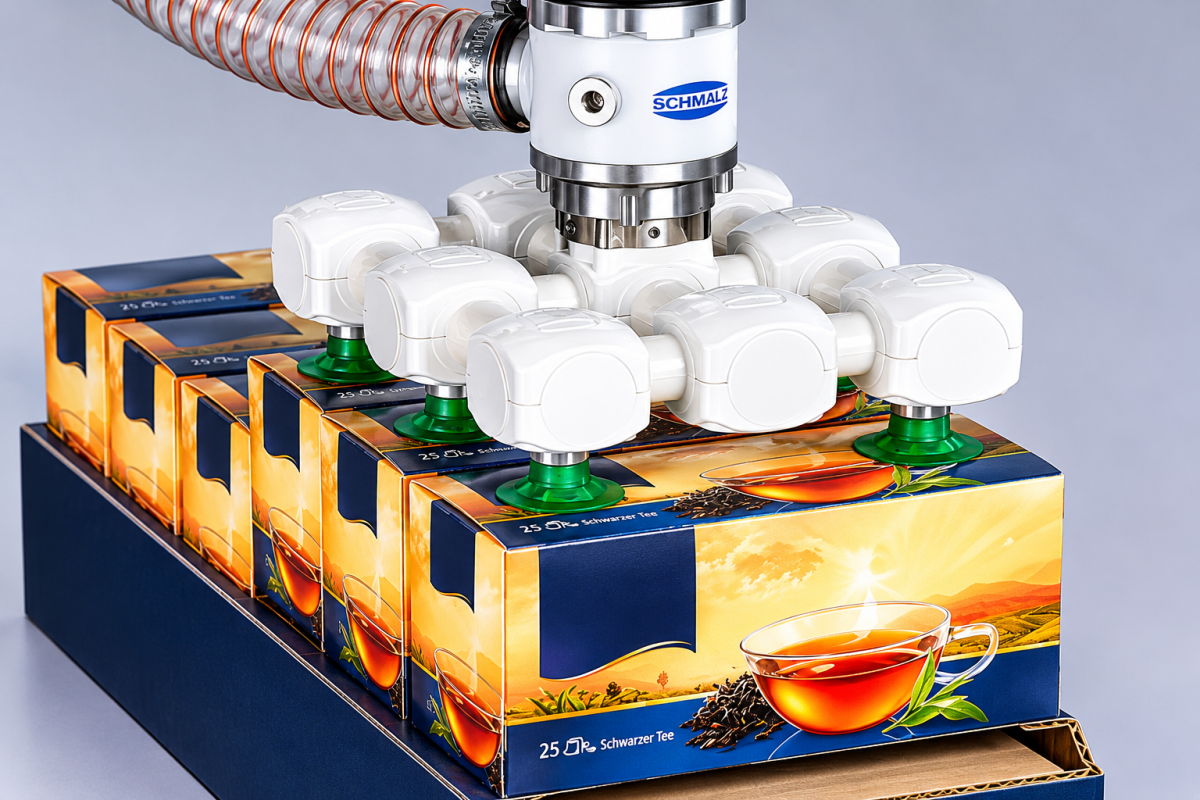 Cobot dengan vacuum gripper di lini pengemasan industri FMCG