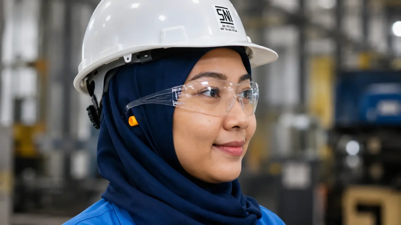 Close-up seorang pekerja wanita menggunakan helm safety putih dengan logo SNI dan kacamata safety bening anti-fog.