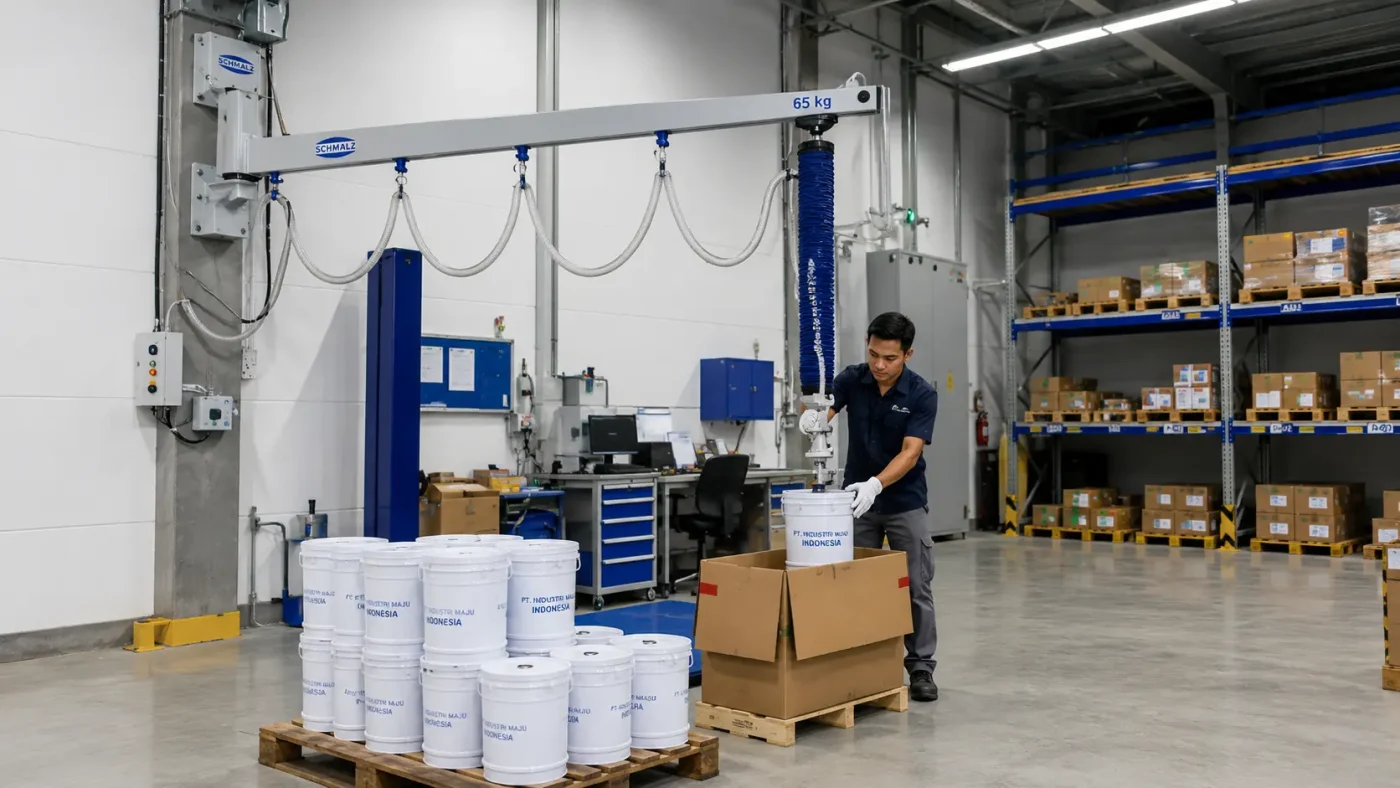 Operator menggunakan jib crane untuk mengangkat dan memindahkan drum material di area gudang industri.