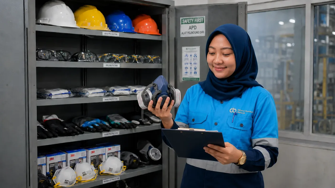 Seorang petugas HSE wanita sedang memeriksa dan mencatat inventaris respirator dan helm safety yang tersusun rapi di lemari penyimpanan khusus.