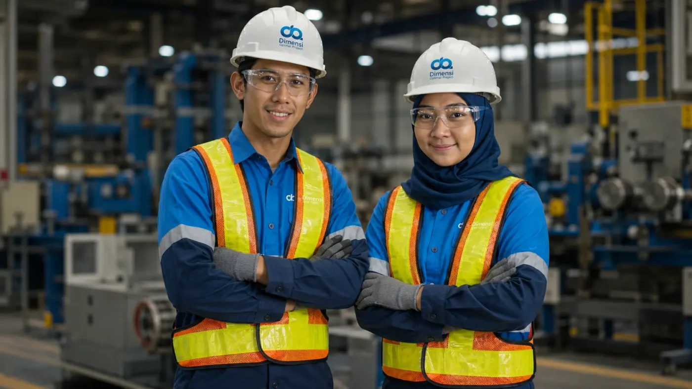 Pekerja industri pria menggunakan alat pelindung diri lengkap (helm, kacamata, masker, sarung tangan, sepatu safety, rompi) di area produksi pabrik yang bersih.