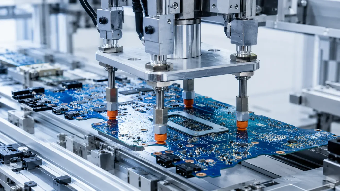 Suction cup vacuum yang terpasang pada lengan robot untuk mengangkat lembaran logam di industri manufaktur
