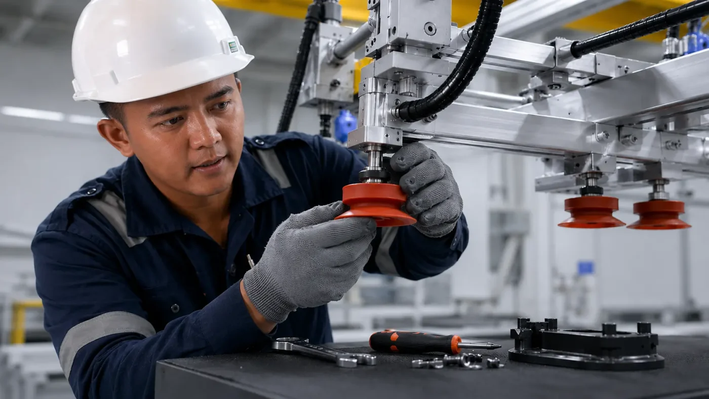 Teknisi memasang dan menyesuaikan suction cup vacuum pada gripping system di fasilitas manufaktur